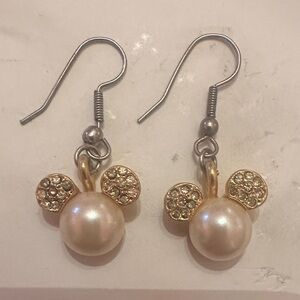 DISNEY Mickey Crystal Ears w/ Gold & Pearl Earrings